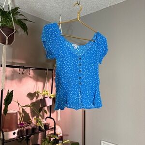Moral Fiber Floral Blouse Button‎ Front Top Short Sleeve Blue Cottagecore M